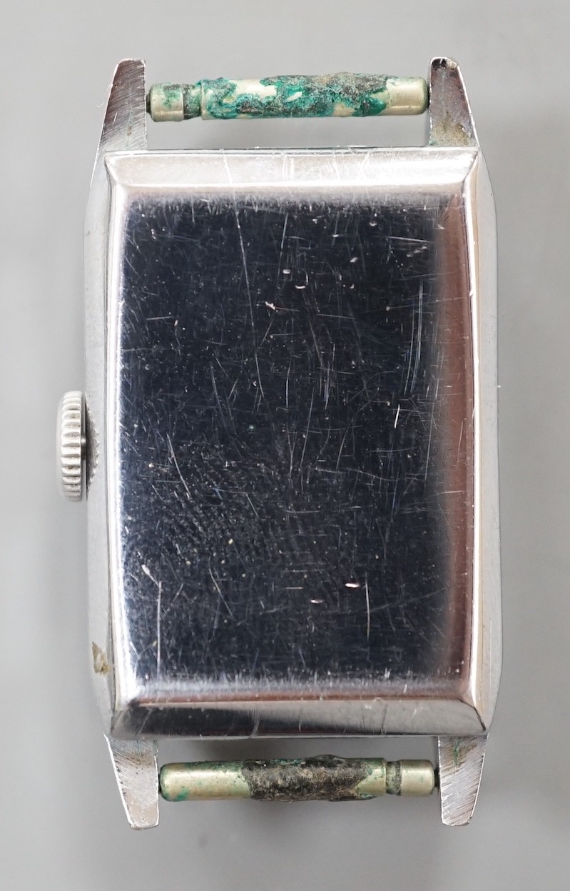 A gentleman's Swiss 1940's? stainless steel manual wind rectangular dial wrist watch, no strap.